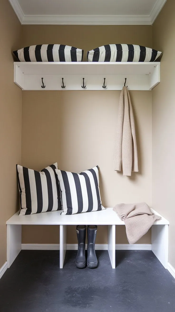 Transforming a small space into a functional and chic utility room designs is easy with these boot room ideas. This entry mudroom, with its simple yet effective mudroom entry organization, is the perfect example of a successful small mudroom remodel.