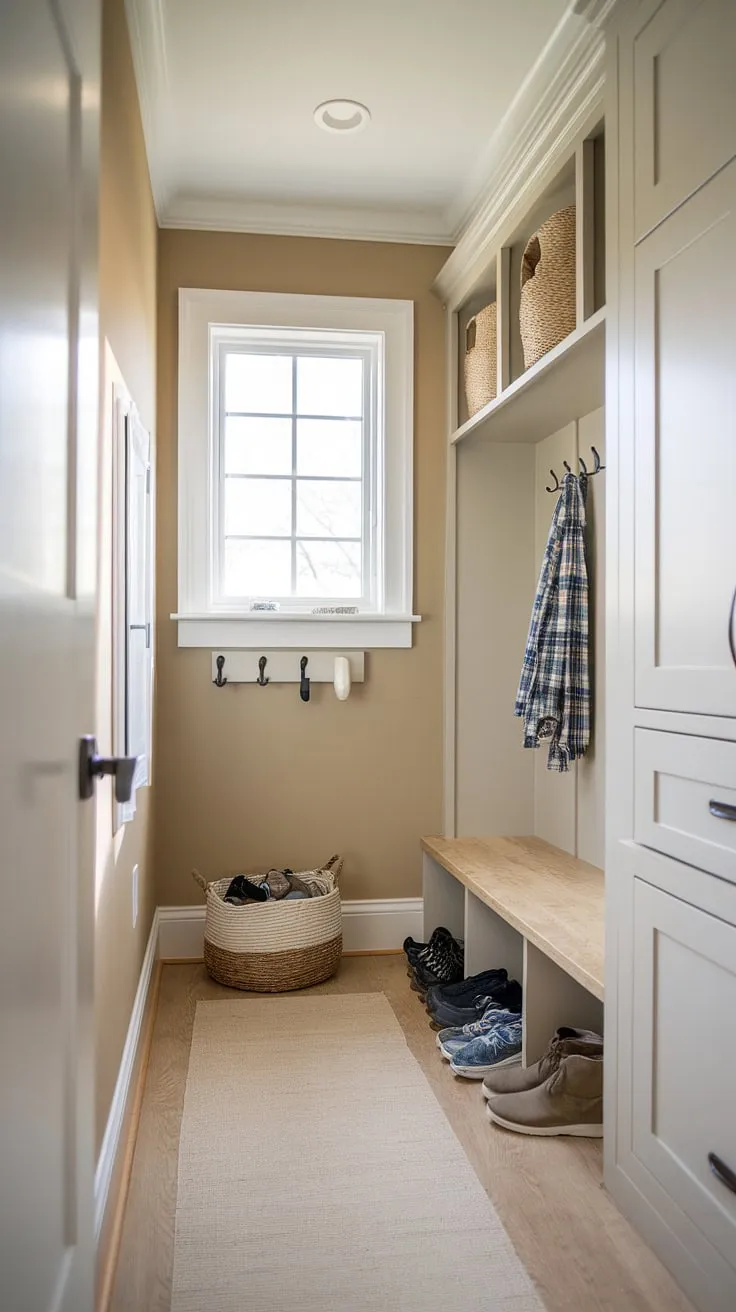 Maximize your entryway with this efficient small mudroom.  This small mudroom ideas showcase a functional utility boot room, blending style and practicality.  The light and airy space offers inspiration for your own mudroom remodel, demonstrating how clever storage can transform a small mudroom into a well-organized entry mudroom.