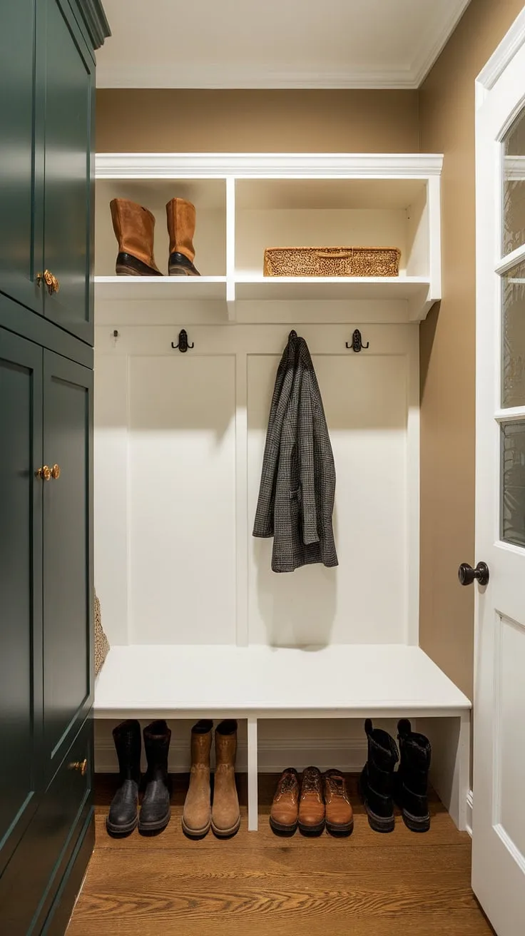 Sunlight streams into this perfectly organized small mudroom, proving that even the tiniest entryway can be transformed into a functional and stylish utility boot room.  Clever storage solutions maximize space, offering inspiration for your own mudroom remodel or small mudroom ideas. This mud laundry room design effortlessly blends practicality with charm.
