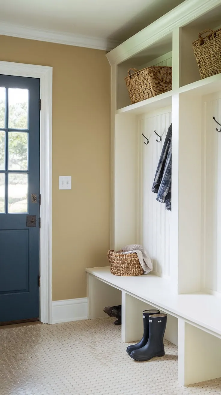 Step into organized chaos with this charming small mudroom.  White shelves and a deep blue door create a stylish contrast against the beige walls and checkered floor, proving that even a tiny space can be a functional and beautiful entry mudroom. This utility boot room showcases clever small mudroom ideas perfect for a mudroom remodel or new utility room designs.