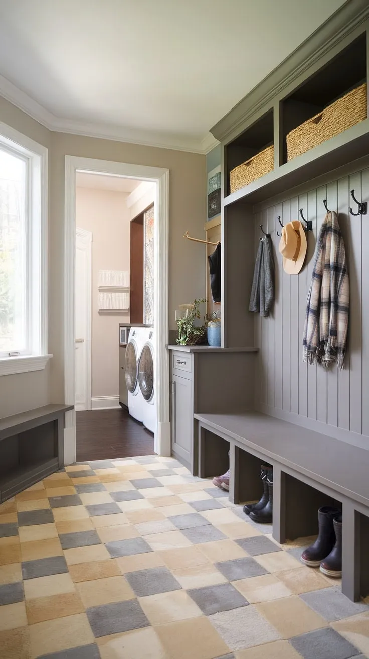 Step into organized bliss! This mudroom entry, a perfect blend of style and function, showcases clever boot room ideas for even the smallest spaces.  The utility boot room maximizes storage with a built-in bench, shelves, and coat rack, making this small mudroom a dream.  Perfect small mudroom ideas for a mud laundry room remodel.
