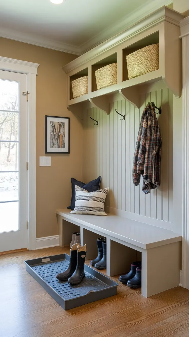 Maximize your small mudroom with this efficient utility boot room design.  This mudroom remodel proves that even a small mudroom can be a stylish and functional entry mudroom, brimming with smart storage and perfect for implementing your favorite boot room ideas.  Consider this inspiration for your own utility room designs.