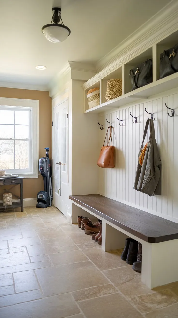 Transform your entry mudroom into a haven of order with these small mudroom ideas. This utility boot room boasts efficient design, seamlessly blending practicality and charm. The combination of a wooden bench, wall hooks, and ample floor space makes this small mudroom the perfect solution for busy families.  A mudroom entry this well-organized is the ultimate mudroom remodel goal.