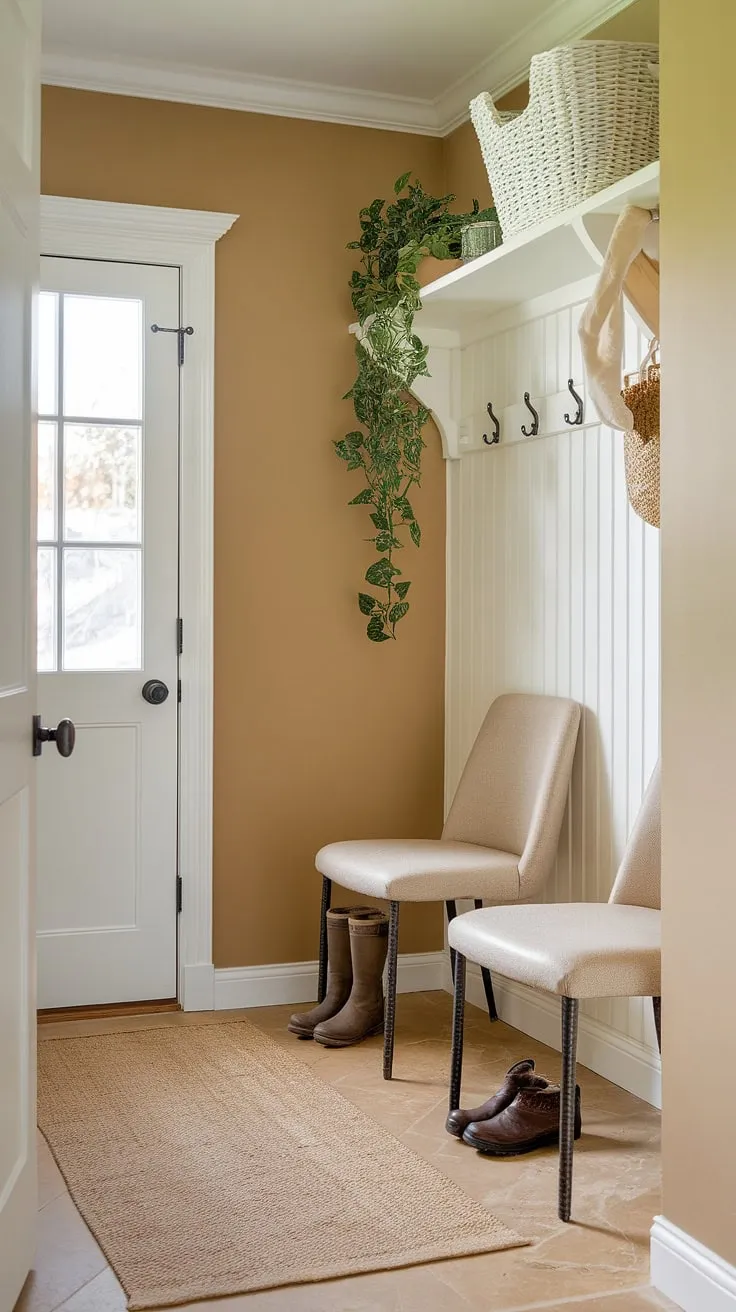 Step into serenity with this charming entry mudroom.  Small mudroom ideas don't have to compromise on style; this utility boot room proves it with its warm lighting, practical storage, and cozy seating. Perfect for boot room ideas, this mudroom remodel effortlessly blends function and beauty, transforming a small mudroom into a welcoming space.  A mud laundry room could easily be inspired by this design.