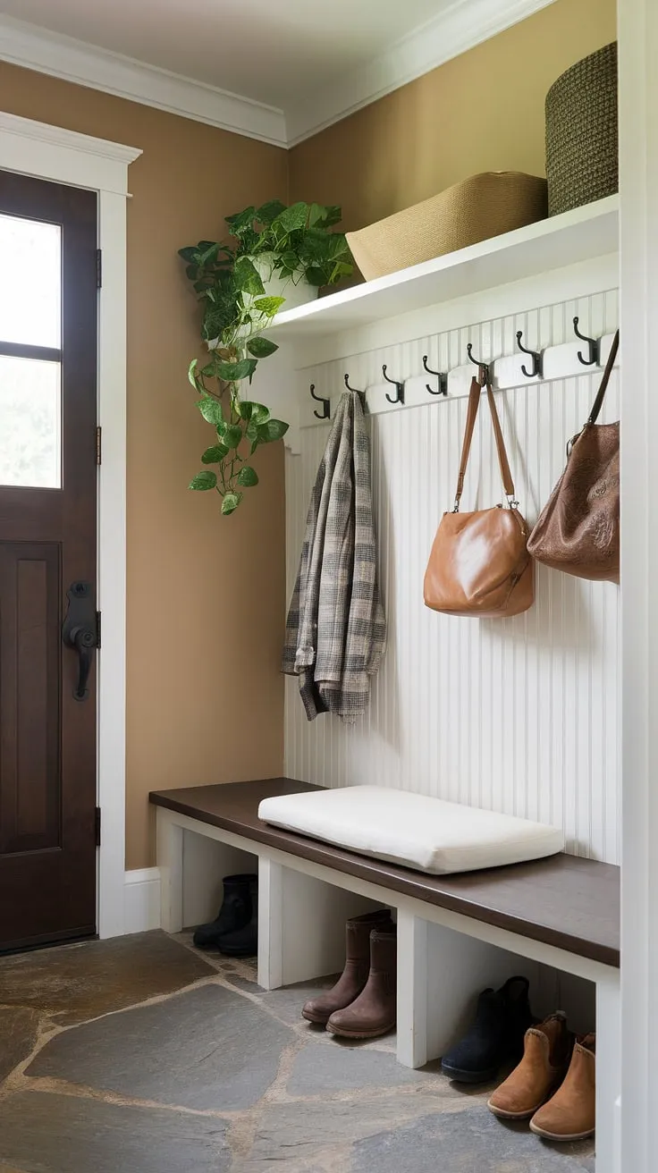 Step into organized bliss with this charming mudroom entry.  Clever storage solutions maximize space in this small mudroom, showcasing practical boot room ideas perfect for a utility boot room.  The thoughtful design, from the white shelf and green plant to the wood bench, transforms this small mudroom into a functional and stylish entry mudroom.  This mudroom remodel proves that even a small mudroom can be a haven of organization, offering inspiration for your own utility room designs or mud laundry room.