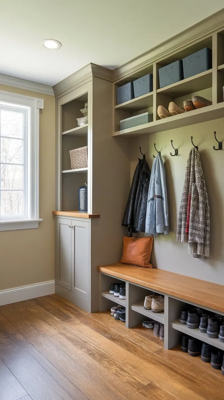 Step into organized bliss with this charming small mudroom, showcasing clever boot room ideas and maximizing space with thoughtful utility room designs.  A mudroom remodel doesn't have to be overwhelming; this entry mudroom proves that even a small mudroom can be both functional and stylish, perfect for a mud laundry room solution.