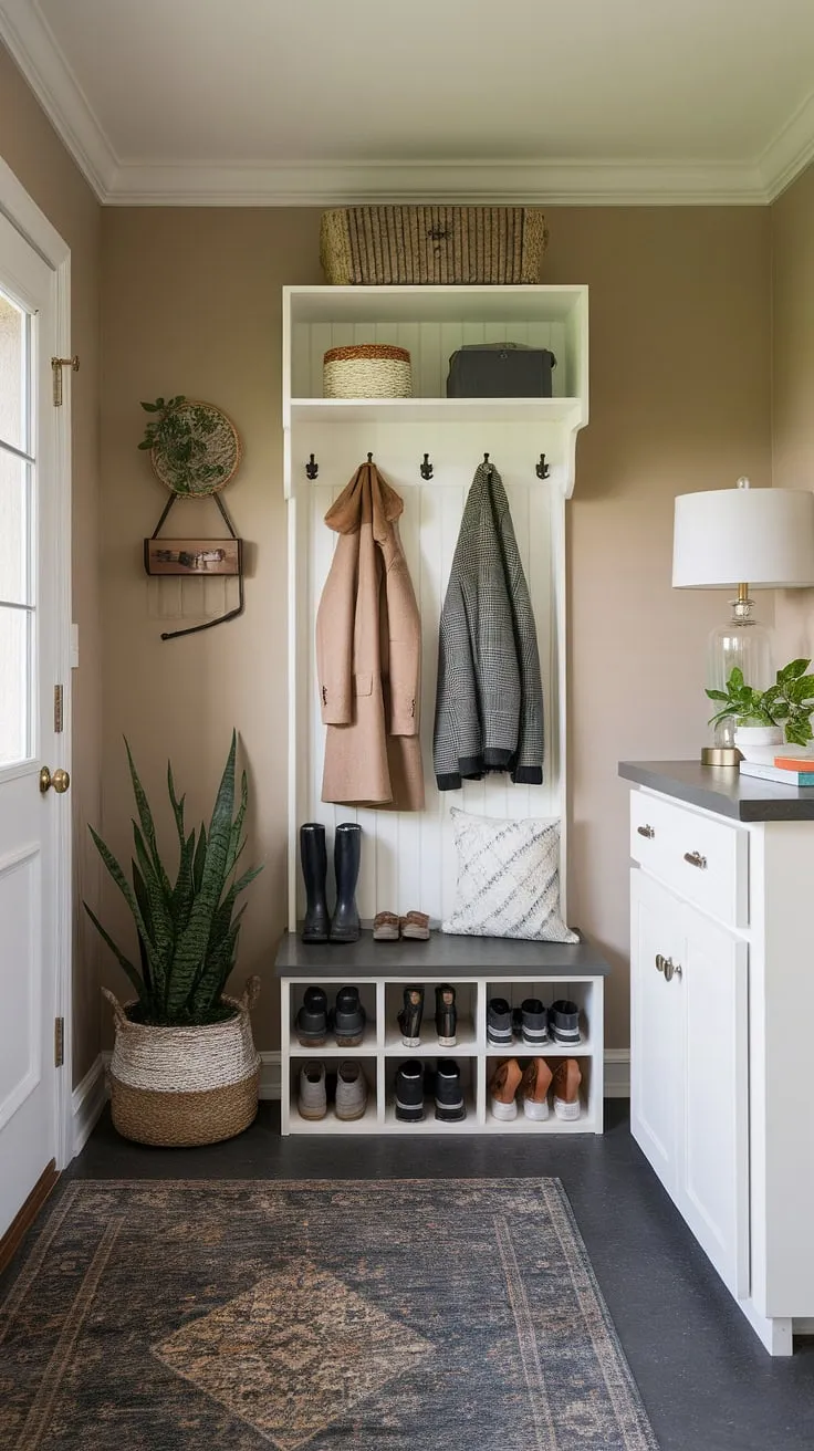 Maximize your entryway with these small mudroom ideas! This utility boot room design showcases smart utility room designs in a compact space.  The combination of a white cabinet, boot tray, and coat hooks provides ample storage, making it the perfect mudroom entry.  The neutral color palette and added touches of greenery create a welcoming atmosphere.  Consider this a successful mudroom remodel – proof that even a small mudroom can be a functional and stylish addition to your home.