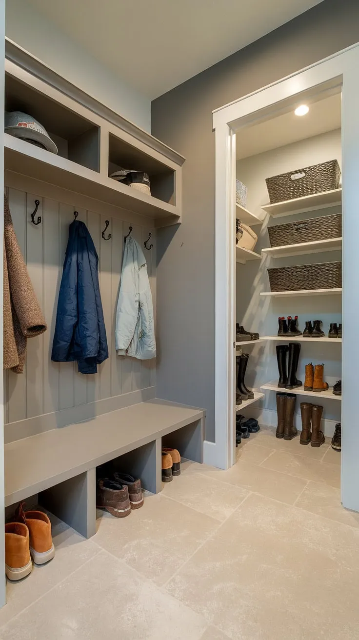Step into organized bliss! This small mudroom remodel showcases clever boot room ideas, maximizing space with a dedicated utility boot room and stylish mudroom entry.  The seamless transition between mud laundry room and main area makes this small mudroom a dream, proving that even small mudroom ideas can be incredibly functional and chic.