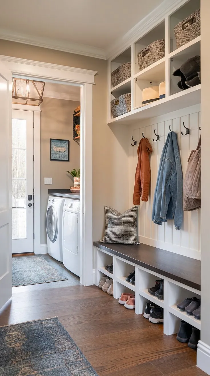 Organized chaos?  Not in this mudroom!  This mudroom laundry room boasts efficient mud room storage solutions, a dedicated boot room, and a stylish design that proves even small mudroom ideas can be incredibly effective.  The mudroom remodel is a testament to smart planning and beautiful execution.