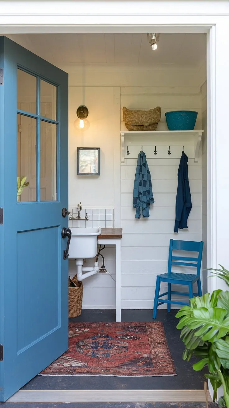 This bright and airy mudroom entryway, a perfect blend of function and style, showcases clever small mudroom ideas.  The blue door pops against the white walls, while the utility sink, shelf, and hook rack provide ample mud room storage.  A touch of greenery and a comfy chair complete this charming boot room, proving that even a small space can be transformed with thoughtful utility room designs.  This mudroom remodel is a testament to maximizing space and creating a welcoming mudroom laundry room.