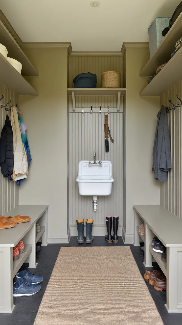 Transform your entryway into a functional and beautiful boot room with these mudroom ideas. This mudroom laundry room combo demonstrates how a small mudroom can be both efficient and aesthetically pleasing.  Note the clever mud room storage, the practical utility sink, and the calming beige and grey color scheme. This mudroom remodel is a testament to the power of smart design in even the smallest of spaces.  Get inspired by these small mudroom ideas for your own home.