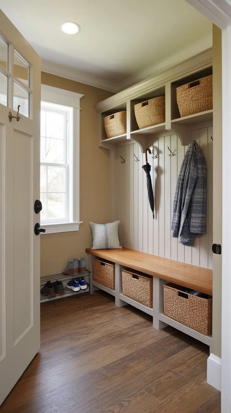 Transform your entryway into a haven of organization with these mudroom ideas. This charming small mudroom boasts ample mud room storage, cleverly incorporated into a compact space.  The beige palette and natural wood create a welcoming atmosphere, while the thoughtful design—including a bench with baskets and a dedicated area for coats and umbrellas—makes this boot room the ultimate utility room design. Consider this inspiration for your next mudroom remodel.