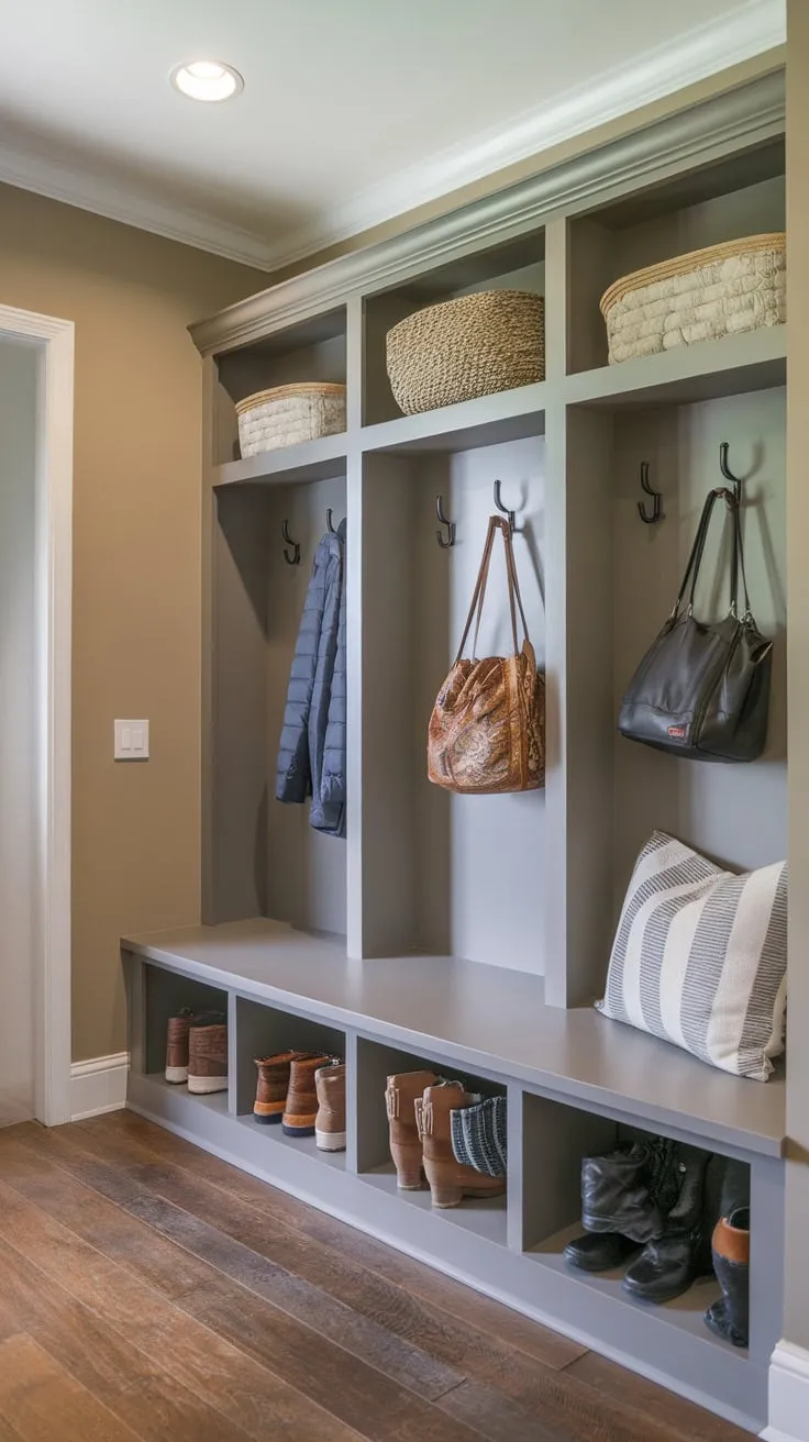 A stylish beige and gray mudroom boasts ample storage, including a bench, hooks, and wood flooring, transforming entryway chaos into organized calm