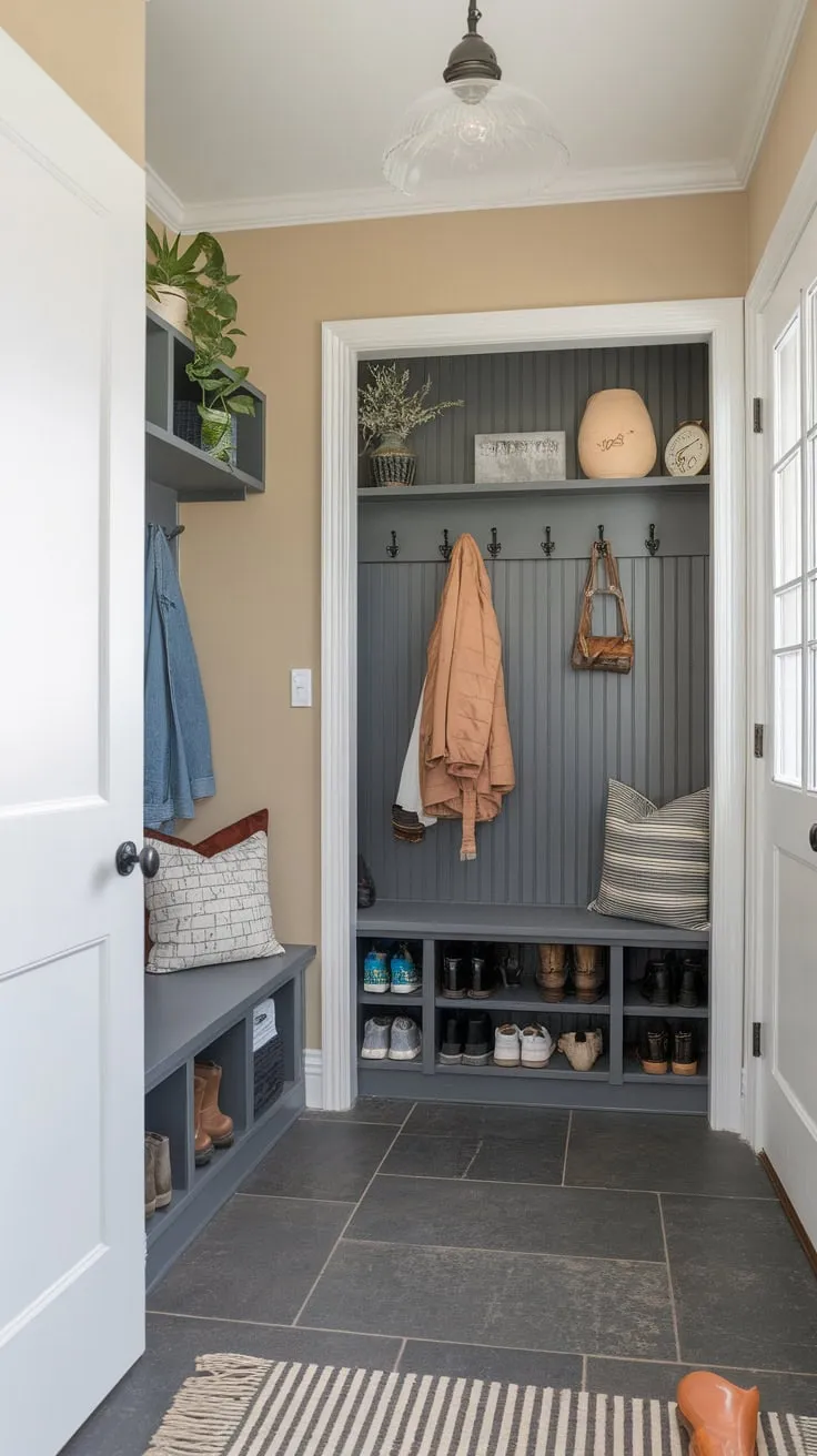 Organized entryway featuring a compact mudroom and boot room boasts ample storage, a calming color scheme, and personal touches.