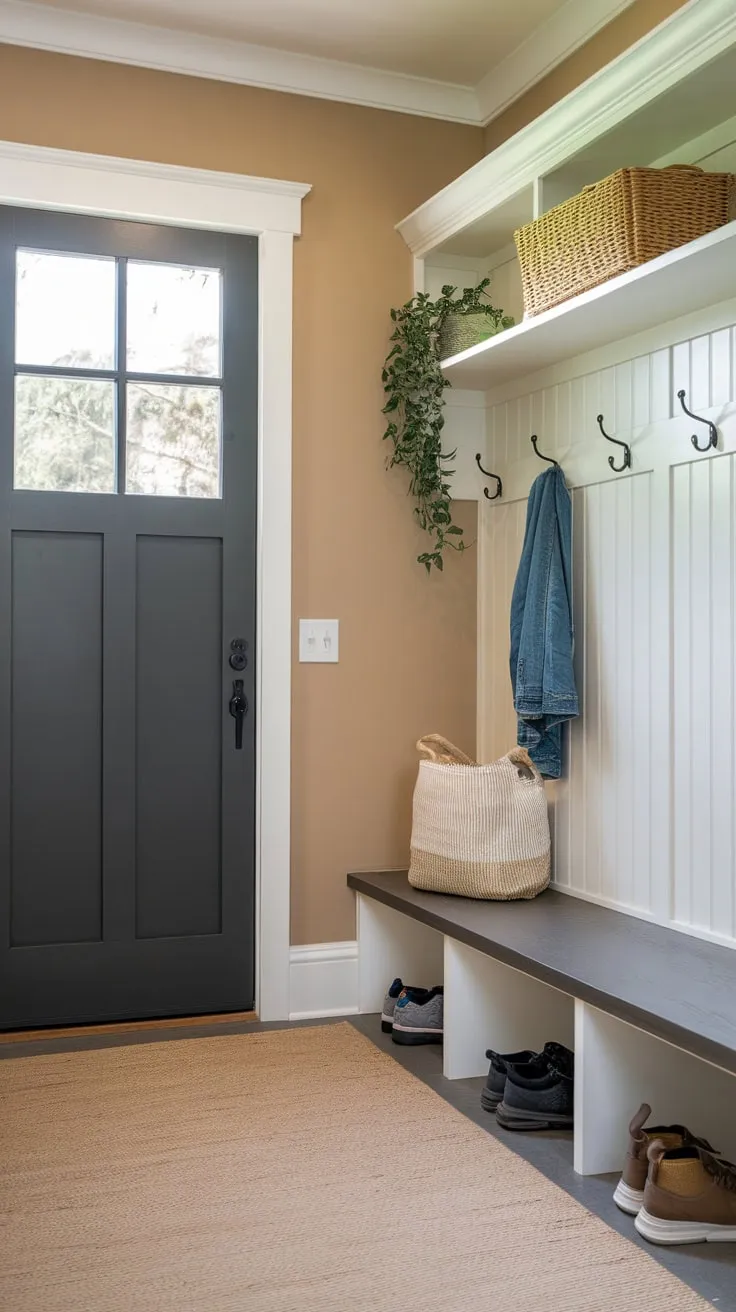 A cozy small mudroom entryway boasts soft lighting, a neutral color palette, and practical storage solutions for shoes and belongings.