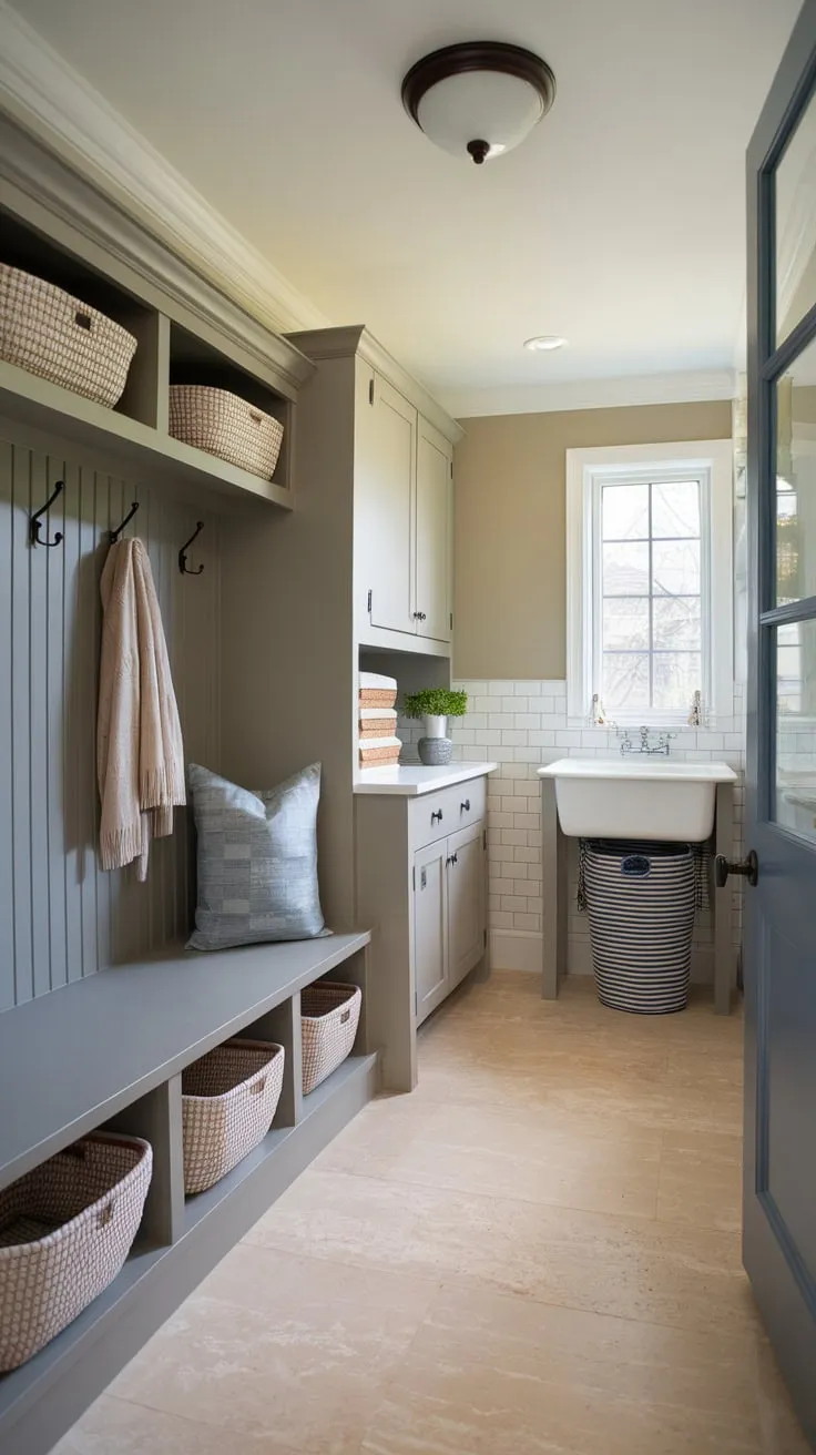 A small, functional mudroom seamlessly blends laundry facilities with ample storage and an inviting entryway.