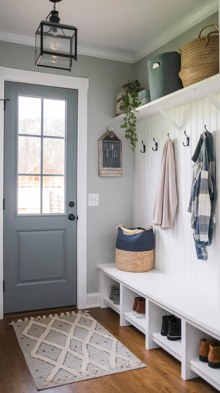 A charming small mudroom boasts practical storage, stylish decor, and a welcoming wood-floor entryway