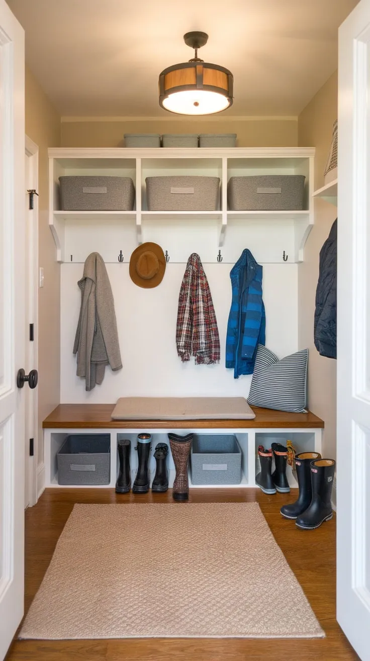 A cozy small mudroom entryway boasts hardwood floors, a cushioned bench, ample storage, and charming wooden accents for practical organization and welcoming style