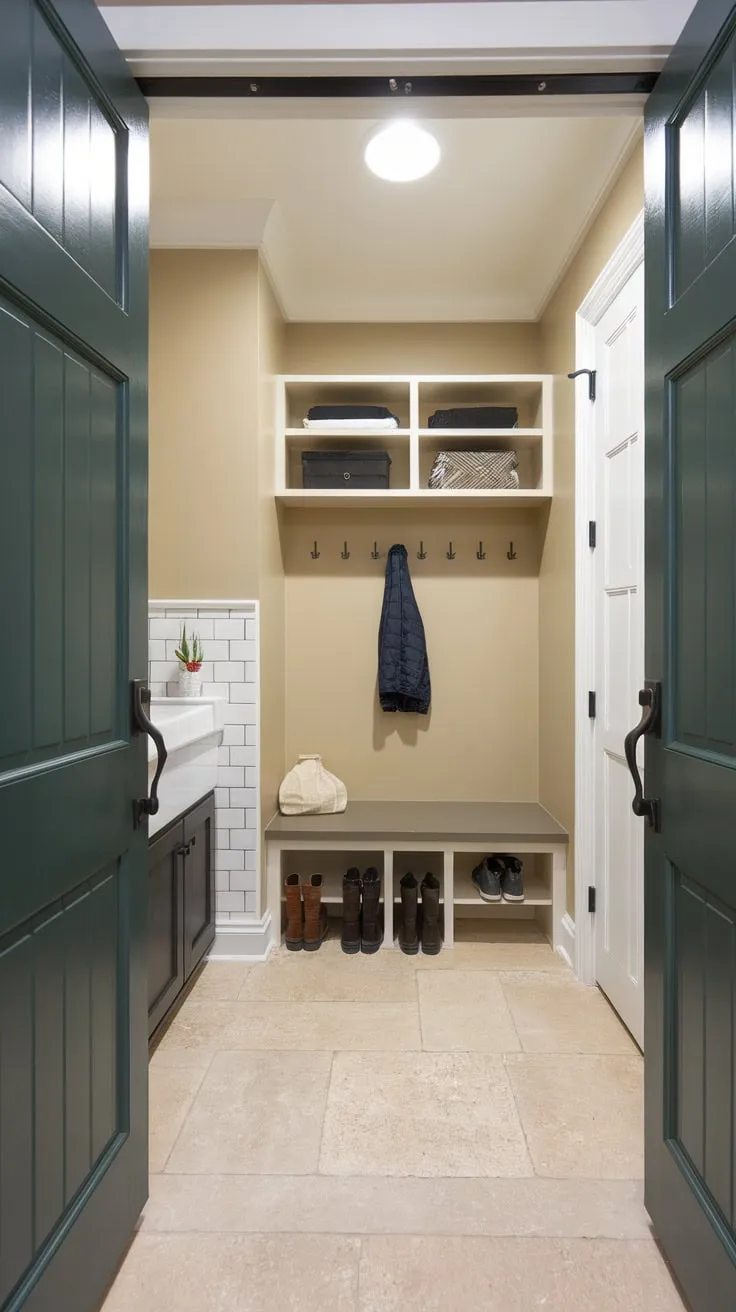 A bright and organized mudroom entryway boasts a practical utility sink, ample storage, and stylish beige tile flooring.