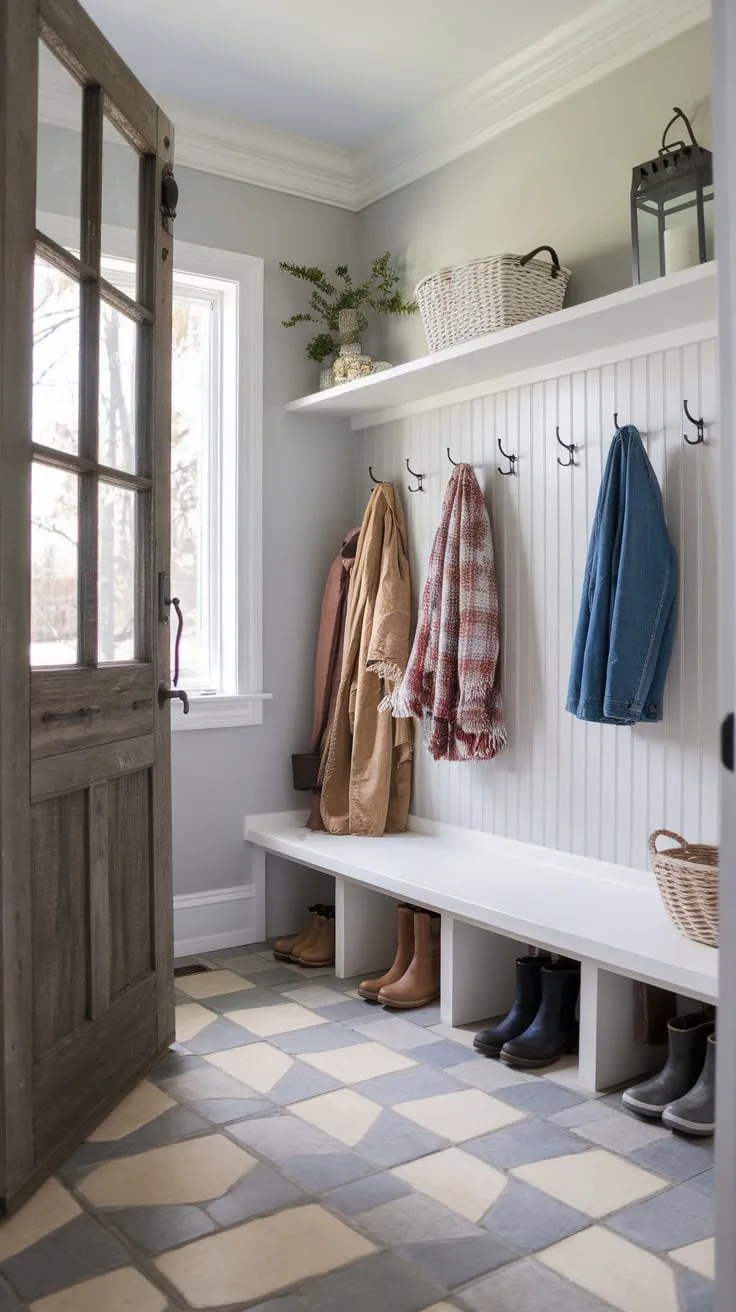 Rustic charm meets practical organization in this small mudroom entryway, featuring a checkered floor, coat hooks, and boot storage.