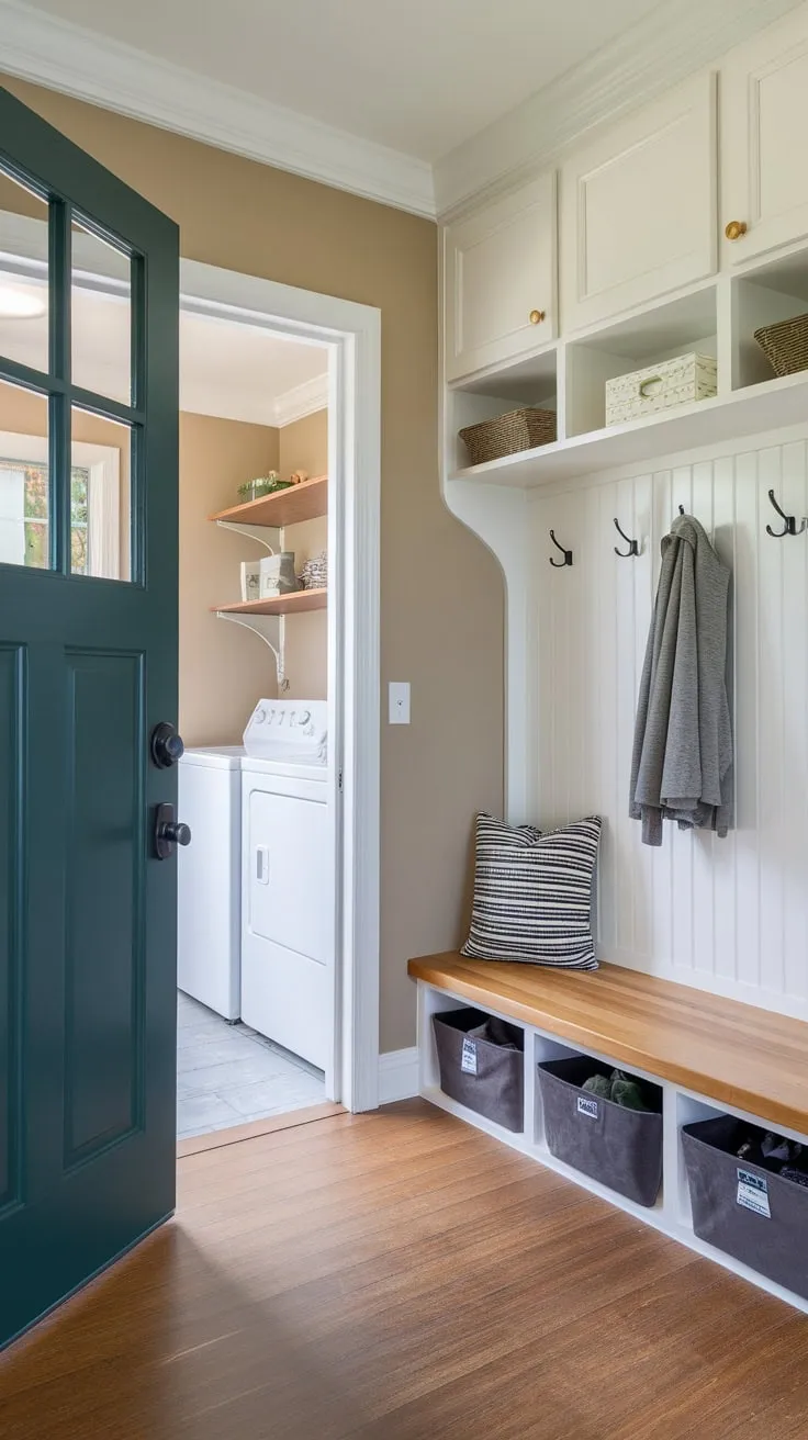 A practical and elegant mudroom features a dark green door, ample storage including a bench and boot room, and a connected utility room.