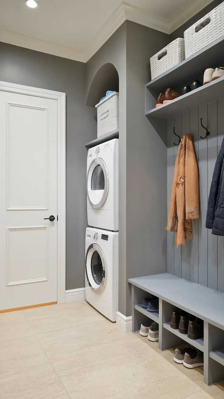 A compact mudroom seamlessly blends laundry functionality with practical storage for coats and shoes in a stylish gray and beige space