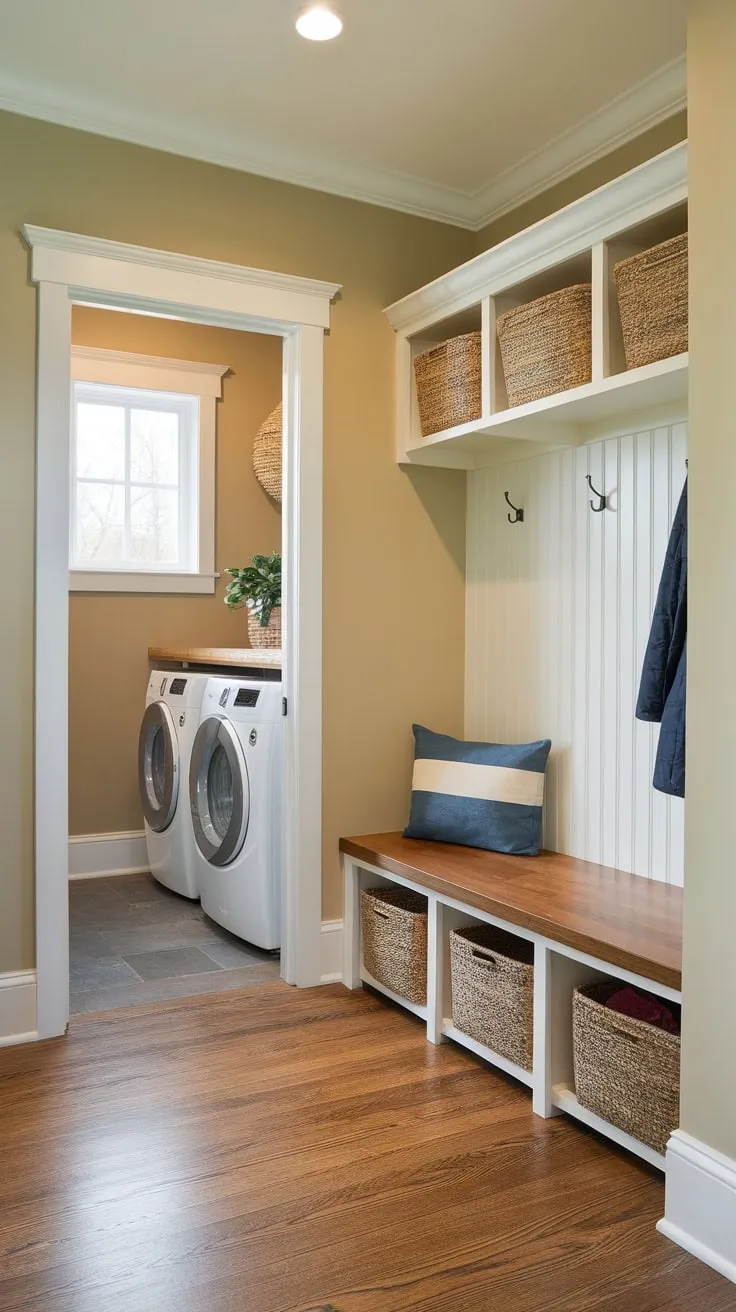 A warm and inviting small mudroom entryway seamlessly integrates a utility room, offering convenient storage and laundry in a hardwood-floored space.