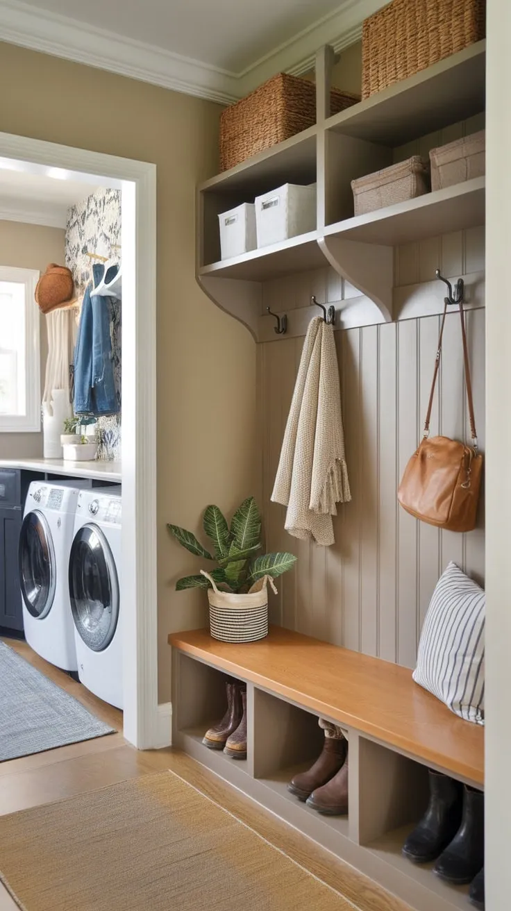 This charming mudroom remodel features a boot room, built-in storage, and laundry facilities, transforming a small space into an organized and welcoming entryway.