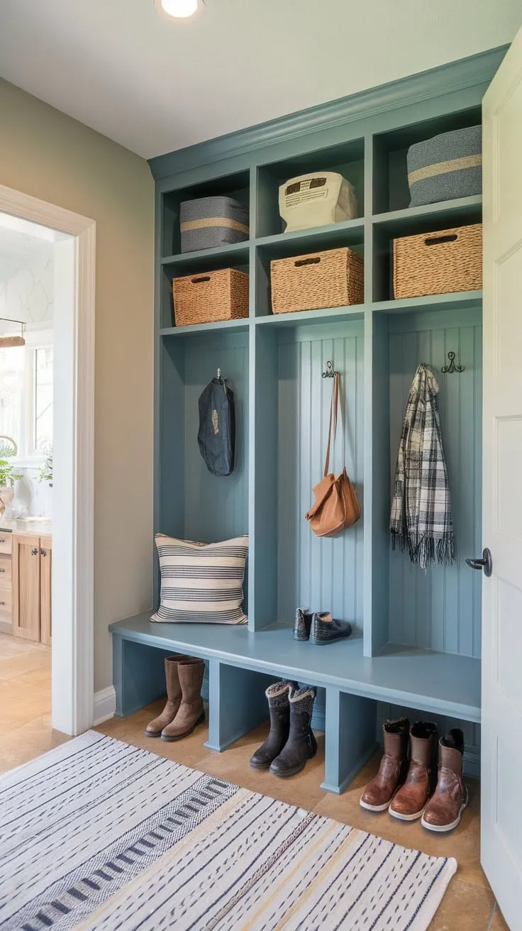 A stylish mudroom remodel maximizes space and organization in a small entryway with integrated laundry and boot storage.