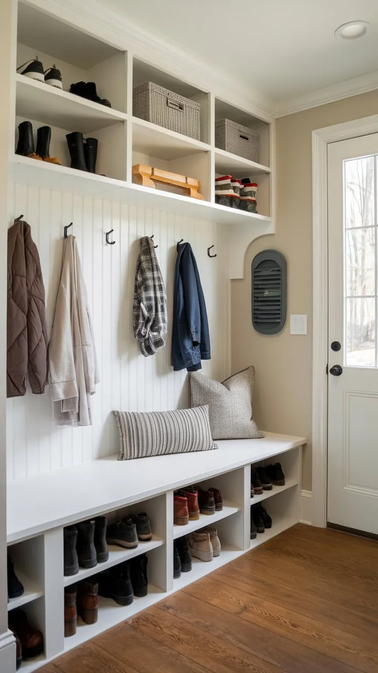 A cozy and functional small mudroom entryway offers convenient storage and a built-in bench, perfectly organizing outerwear and footwear near the exterior door.