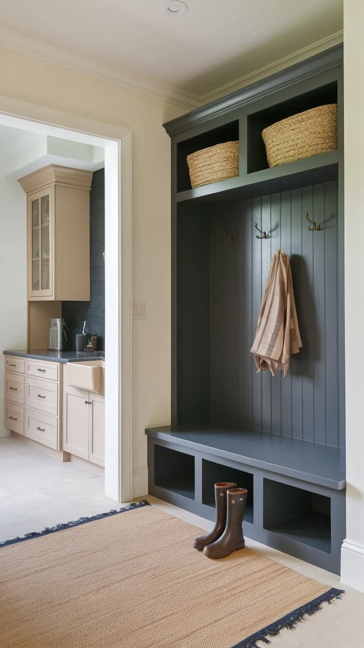 A stylish mudroom entryway boasts a dark gray and beige color scheme, seamlessly blending practical storage with a welcoming aesthetic.