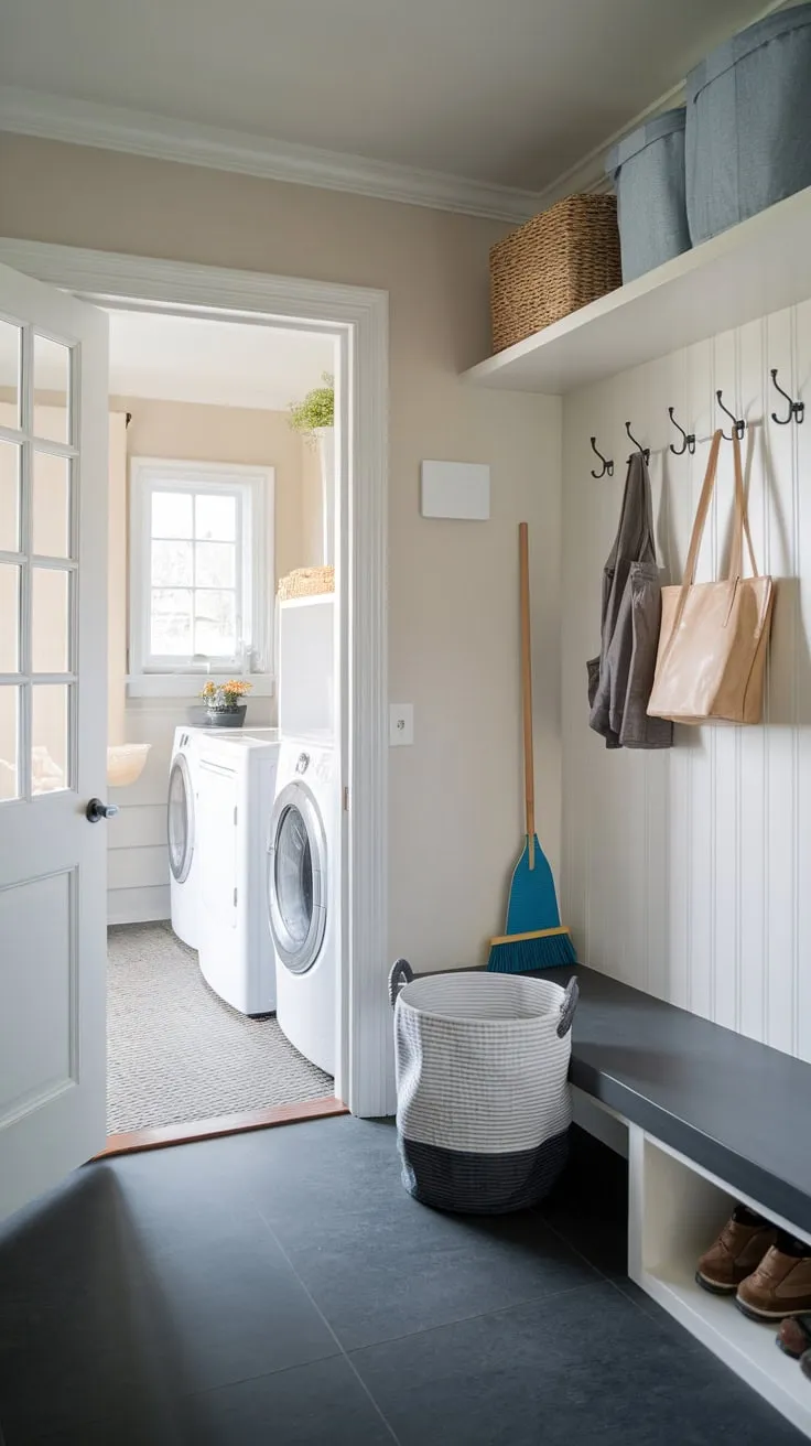 A small mudroom entryway boasts efficient storage with coat hooks, a shelf for cleaning supplies, and convenient access to laundry facilities.