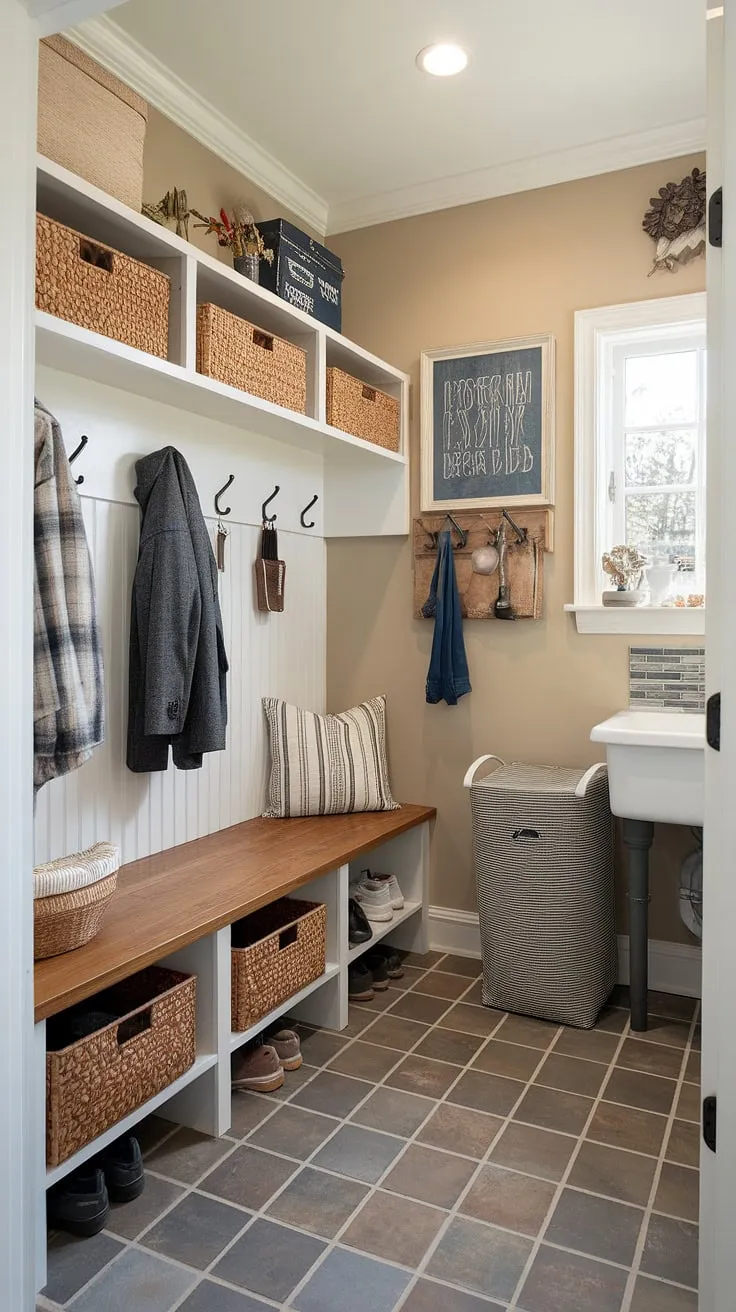 This small mudroom entryway, cleverly designed as a boot room too, proves that even limited space can be transformed into a highly functional and stylish area.  Smart mudroom storage solutions, including a built-in bench with baskets and a dedicated shoe rack, maximize organization.  This mudroom remodel showcases clever utility room designs and inspiring mudroom decor, effortlessly blending practicality with charm.  Perfect for small mudroom ideas and mudroom laundry room combinations.