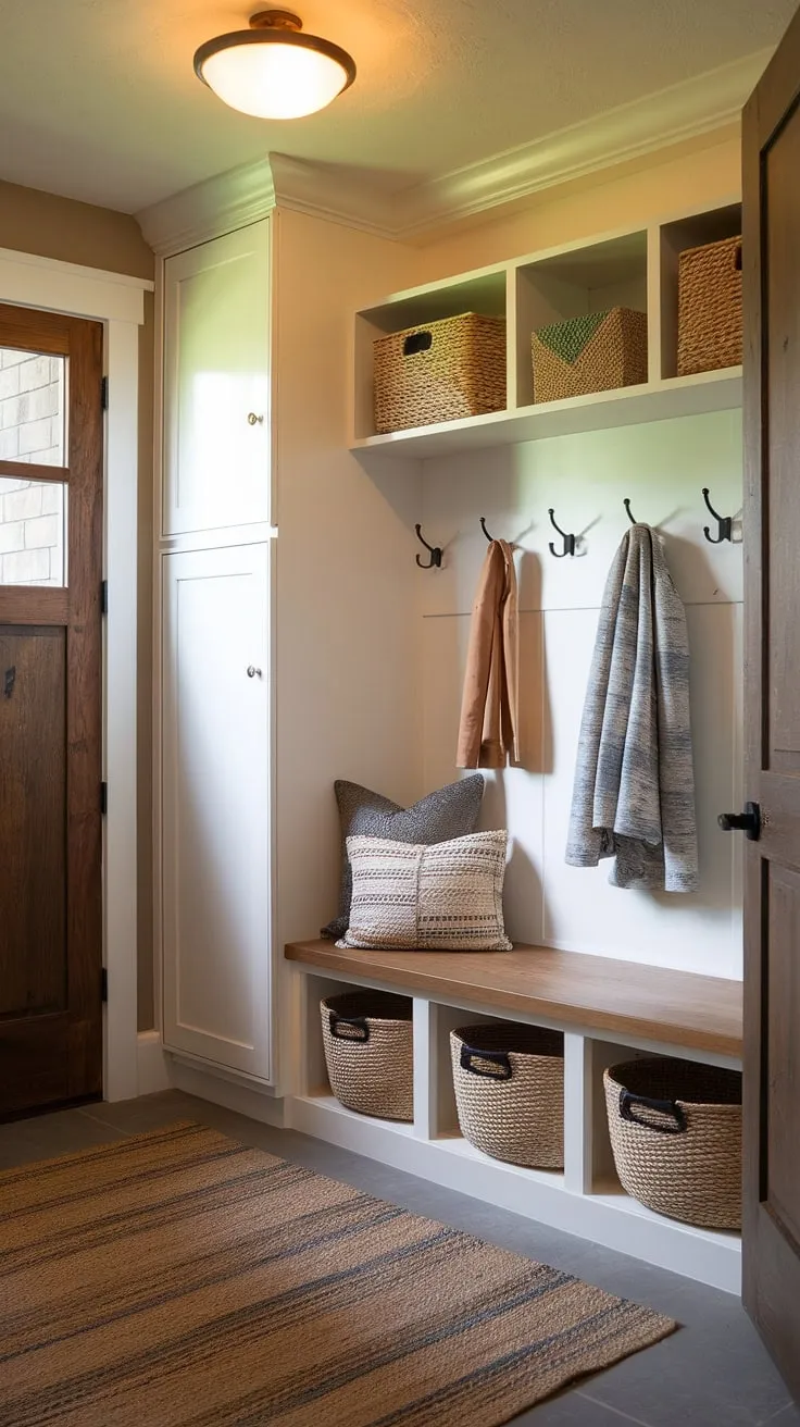 This charming mudroom entryway, a testament to clever small mudroom ideas, maximizes space with thoughtful mud room storage solutions.  The boot room design, complete with a bench and baskets, seamlessly integrates with the white cabinetry and coat rack, creating a functional and stylish utility room design perfect for a mudroom remodel.  The warm lighting enhances the inviting mudroom decor.