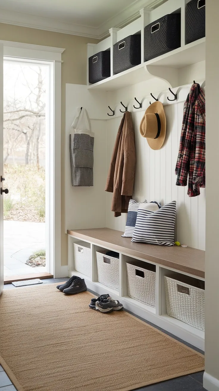 This small mudroom entryway, a perfect blend of function and style, showcases clever mud room storage solutions.  The white bench with baskets, coat rack, and shelf maximize space, making this boot room a dream.  Consider this design for your next mudroom remodel or when exploring utility room designs and mudroom ideas.  The beige rug adds warmth, while the thoughtful mudroom decor creates a welcoming atmosphere, even in a compact mudroom laundry room.