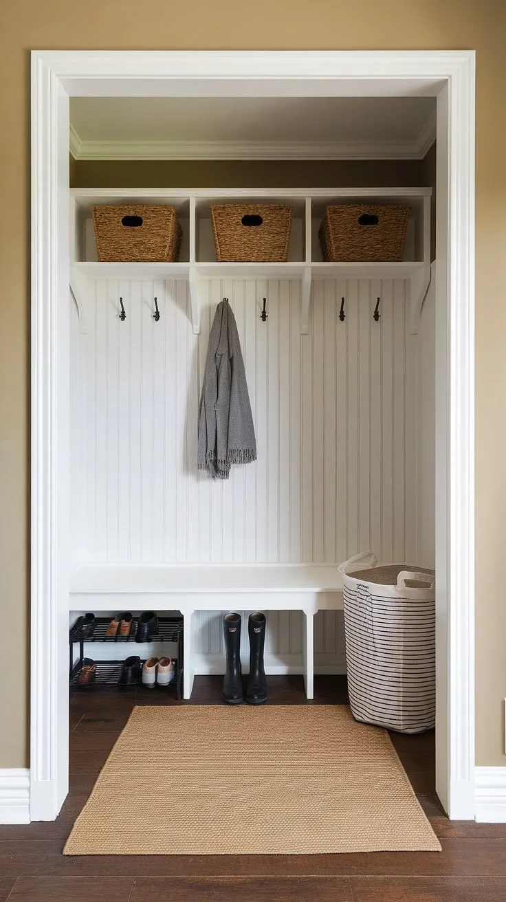 This small mudroom entryway, a perfect blend of utility room designs and mudroom decor, proves that even compact spaces can be stylish and functional.  The clever mud room storage solutions, including the black shoe rack and white shelf, maximize space, while the beige rug and subtle color palette create a welcoming boot room atmosphere.  Perfect inspiration for your own mudroom remodel or if you're searching for small mudroom ideas.
