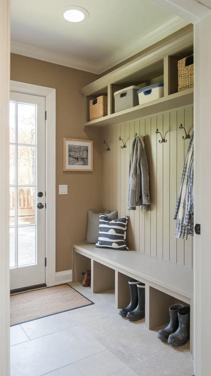 This compact mudroom entryway features a boot rack, bench, shelves, and direct access to a utility and laundry room, maximizing organization and convenience.