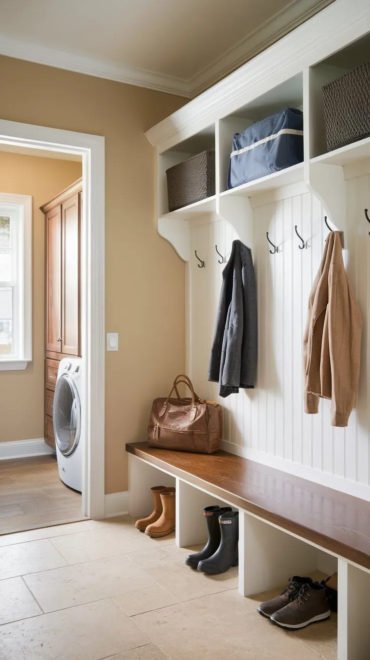 Organized chaos reigns in this beige-tiled mudroom, its white bench and wooden shelves a practical haven for outerwear and gear near the laundry room.