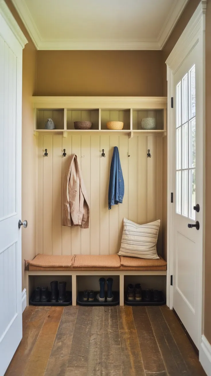 A cozy small mudroom boasts a warm beige wall, wooden floors, and practical storage including a cushioned bench and boot trays.