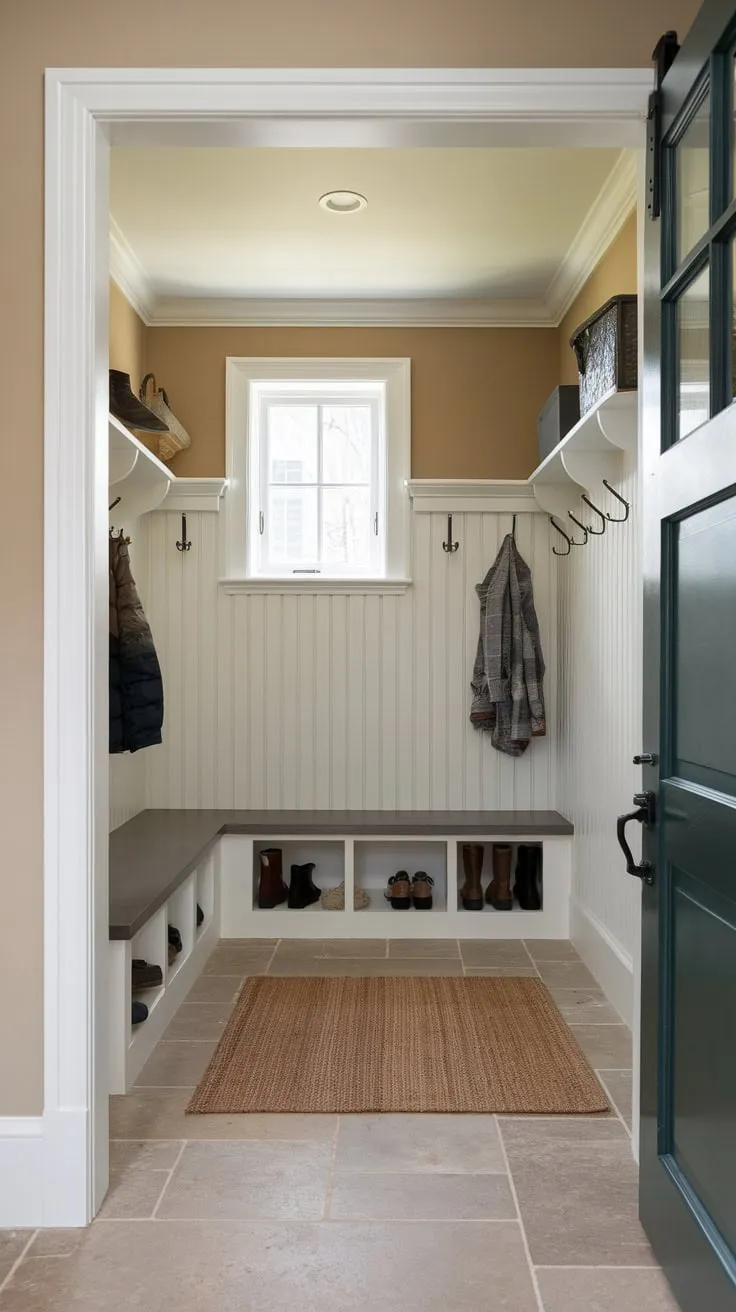 A cozy beige mudroom with built-in storage and a separate boot room offers practical organization and stylish entryway appeal.