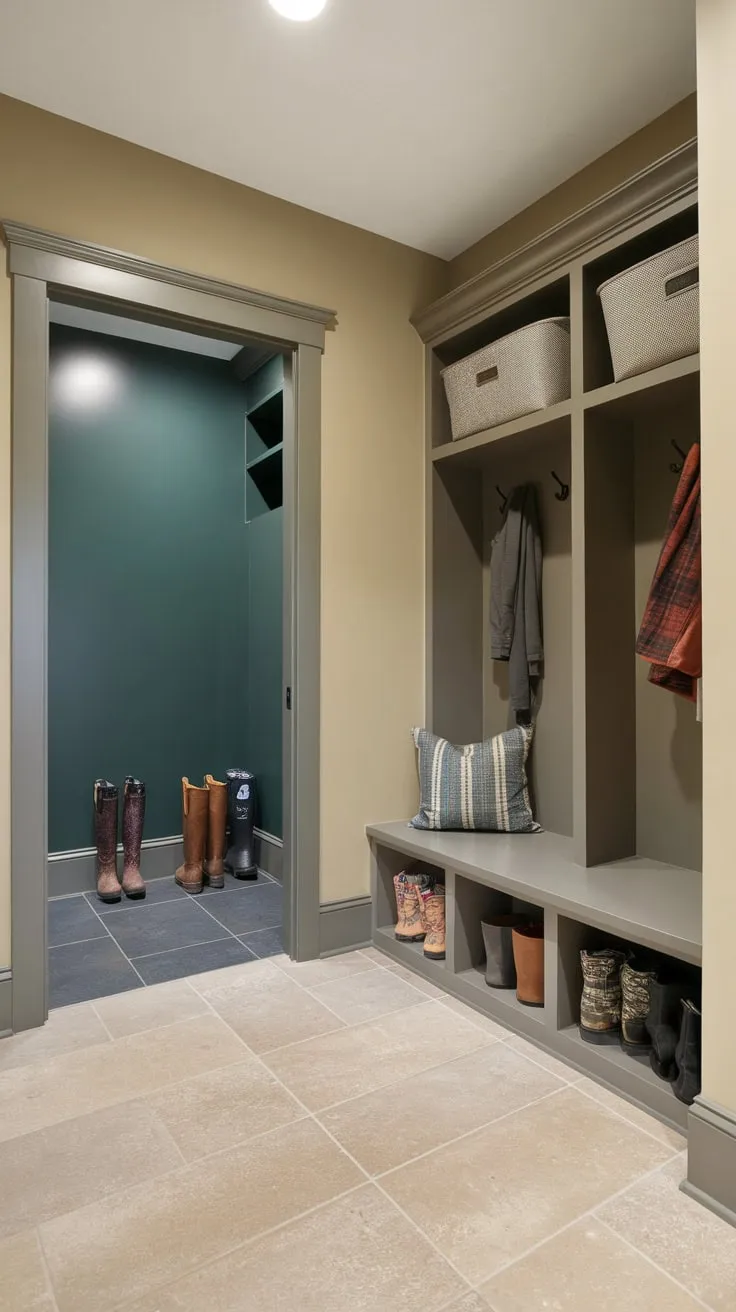A bright mudroom entryway features beige tile and a storage bench, seamlessly transitioning to a stylish boot room with dark green walls and gray flooring.