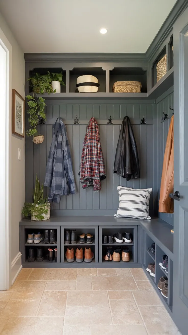 Practicality meets charm in this mudroom entryway featuring a boot room, built-in storage, and a calming design with plants and beige tile.