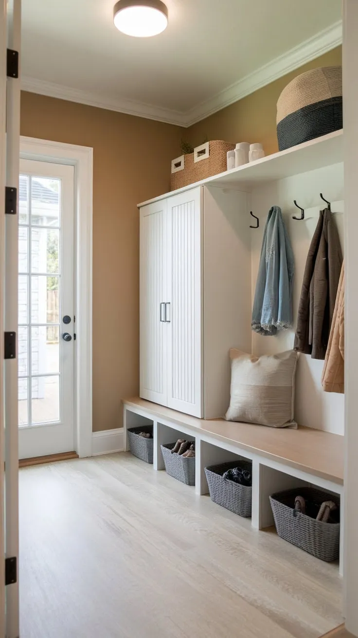 A light-filled, compact mudroom entryway offers practical storage solutions including a cabinet, shoe storage, and coat hooks, seamlessly blending functionality with a calming beige and wood aesthetic.