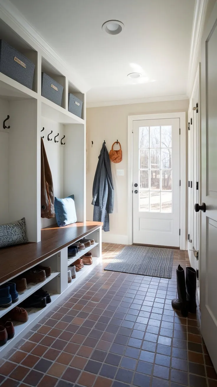 A bright mudroom entryway featuring a boot room, tile floor, ample storage, and convenient hanging space welcomes you home.