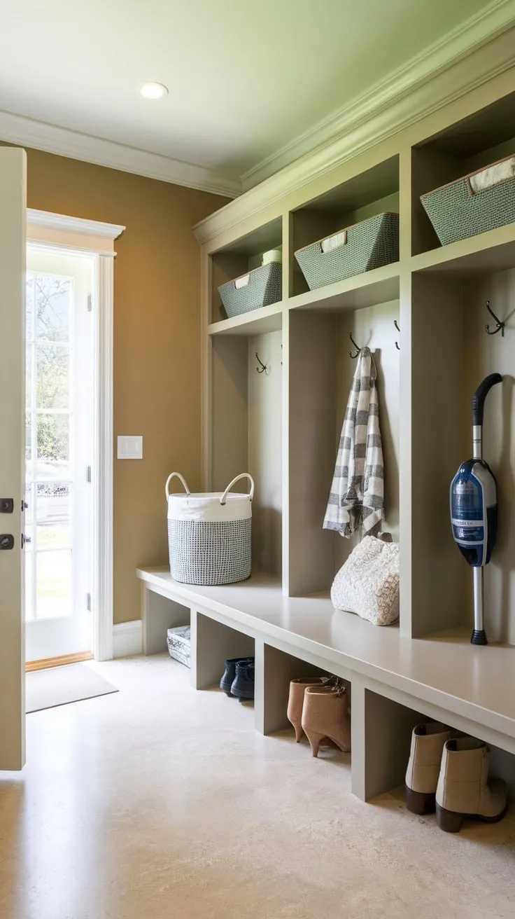 A bright beige mudroom boasts ample storage shelves and hooks, seamlessly blending practicality with a welcoming entryway