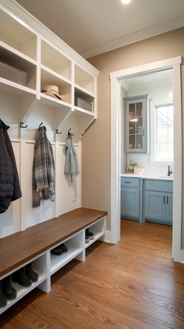 A bright mudroom entryway boasts ample storage with a bench, shelves, hooks, a sink, and wood flooring for ultimate organization and convenience