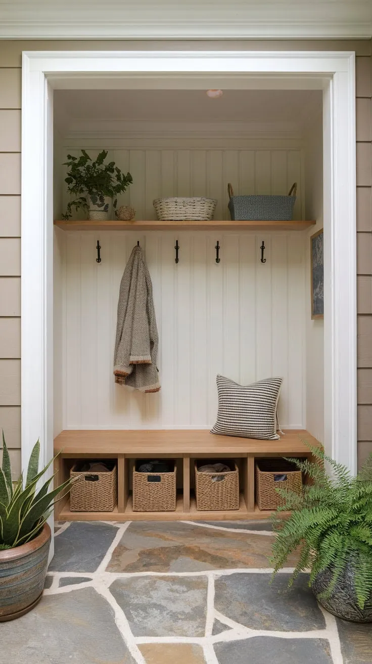 Beige walls and potted plants add warmth to this efficient utility room mudroom design.