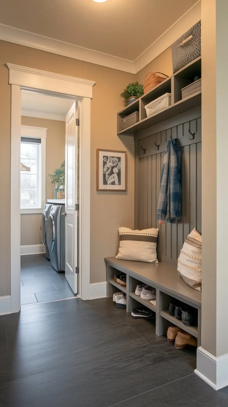 A cozy, functional mudroom boasts a boot room, ample storage, and warm lighting in a space-saving design.