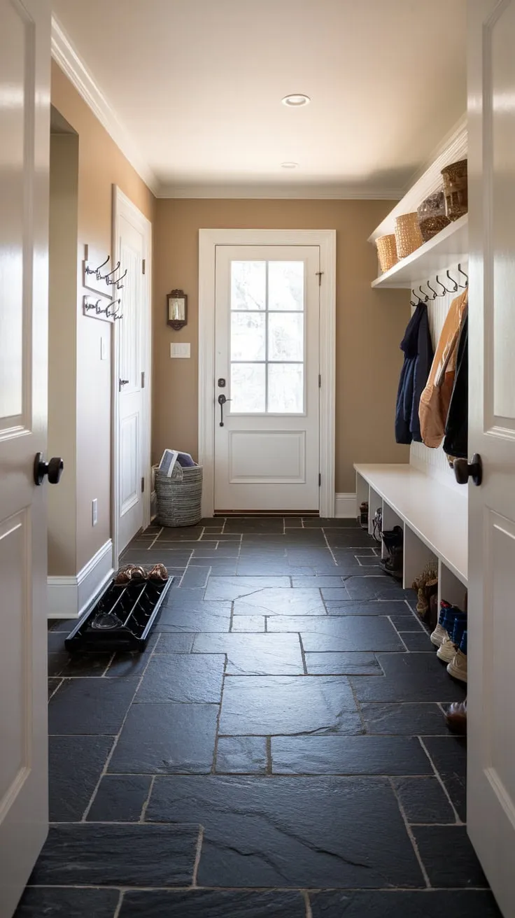 A well-maintained dark slate mudroom floor provides a stylish and practical welcome.