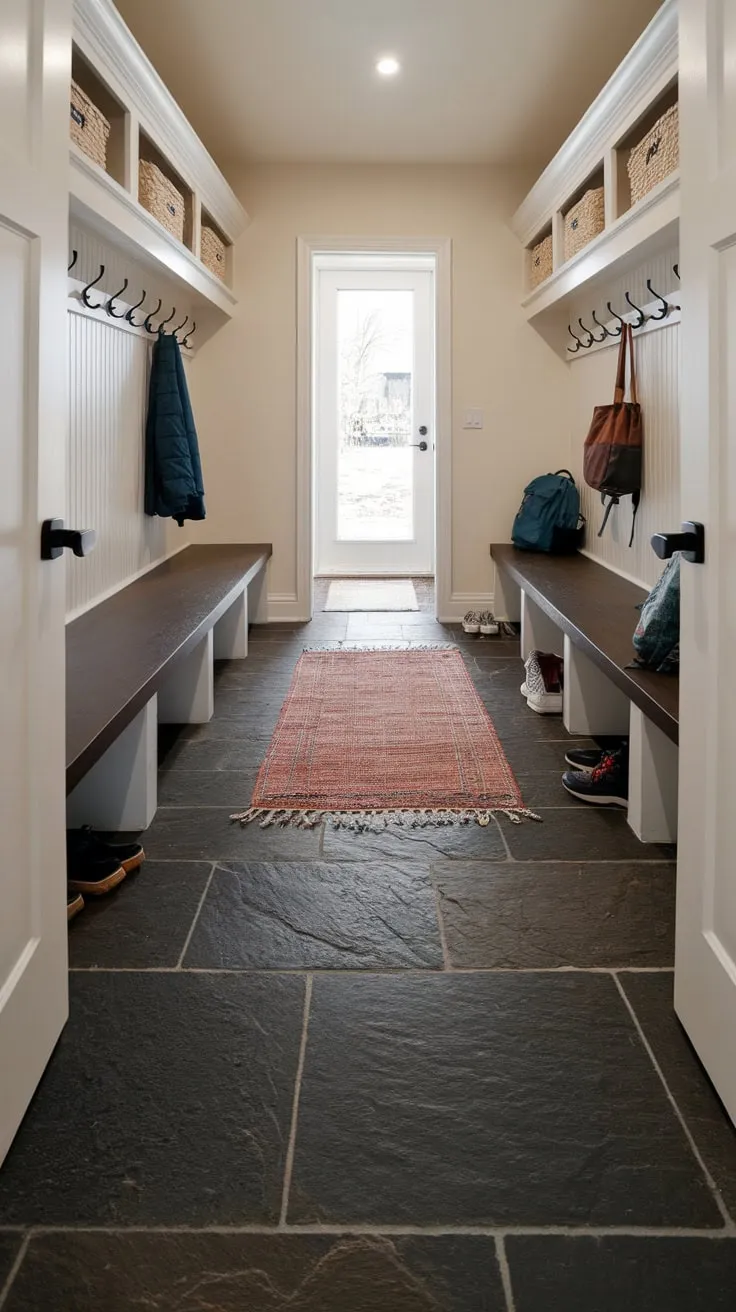 A bright mudroom boasts textured dark slate tile flooring, accented by a rug, bench, and coat hooks, ready to withstand daily wear and tear